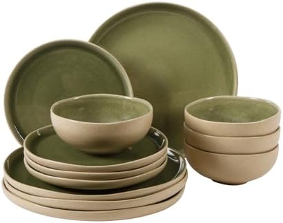 Gibson Elite Manila Bay 12-Piece Stoneware Dinnerware Set, Service for 4, Reactive Glaze Modern Artisan Plates, Bowls & Mugs, Green, Round Design by GibsonHomewares