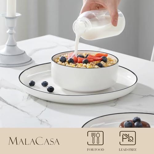 MALACASA Plates and Bowls Sets, 24 Pieces Modern Porcelain Dinnerware Set for 8 White Kitchen Dinner Dining Ware Set wtih Black Rim Ceramic Dishware Dishes Microwave and Dishwasher Safe, Series LUNA - Image 3