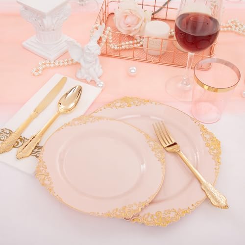 Morejoy 175pcs Pink Plastic Plates - Pink and Gold Disposable Plates sets - Image 2