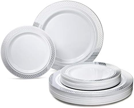 OCCASIONS 240 Plates Pack,(120 Guests) Heavyweight Premium Wedding Party Disposable Plastic Plates Set -120 x 10.5'' Dinner + 120 x 7.5'' Salad/Dessert (Celebration in White & Silver) by OCCASIONSFINESTPLASTICTABLEWARE