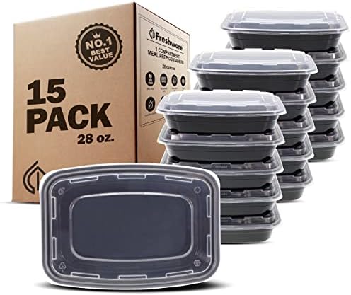 Freshware Meal Prep Containers [15 Pack] 1 Compartment Food Storage Containers with Lids, Bento Box, BPA Free, Stackable, Microwave/Dishwasher/Freezer Safe (28 oz) Black by Freshware