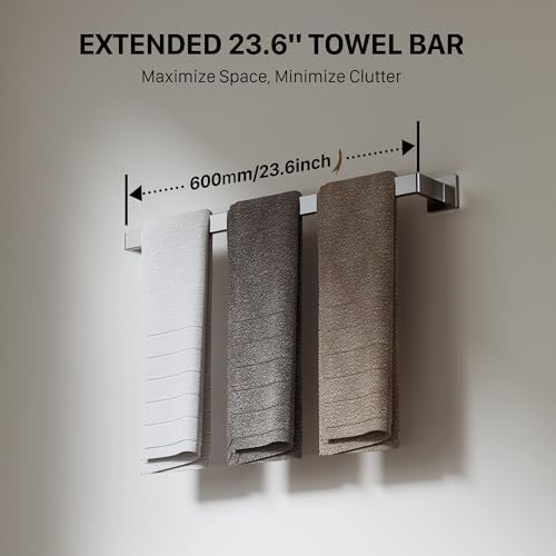 5-Piece Brushed Nickel Bathroom Accessories Set, 23.6 Inch Bathroom Hardware Set, Stainless Steel Bath Towel Bar Set, Toilet Paper Holder with Shelf, Towel Hooks, Towel Ring Wall Mounted - Image 3