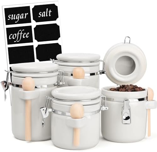 4 Piece Airtight Ceramic Canister Set With Attached Wooden Spoon Reusable Chalk Labels For Dry Goods Sugar Coffee Tea Kitchen Storage Use (White) by TryitBuyitYoulllikeit