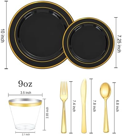 bUCLA 300PCS Black and Gold Disposable Dinnerware Set - 50 Guests Black Plastic Plates with Gold Rim Include 50 Dinner / 50 Dessert Plates, 50 Forks,50 Knives,50 Spoons&50 Cups for Party&Graduation - Image 2