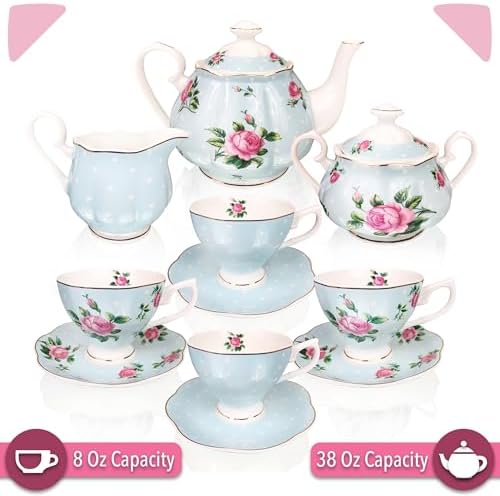 BTaT- Floral Tea Sets for Adults, 13 pcs, Service for 4, Pot (38 oz) & Cups (8 oz) with Saucers, Pastel Blue Floral Design, Porcelain Tea Set for Adult, Dishwasher Safe - Image 3