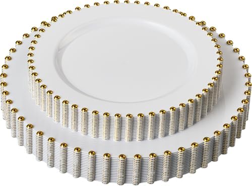 PLASTICPRO 64 Piece Combo Plastic Dinner Plates Disposable Plastic Fancy Heavy Duty Party Dishes 7 inch and 10 inch, White and Gold Beaded by PLASTICPRO