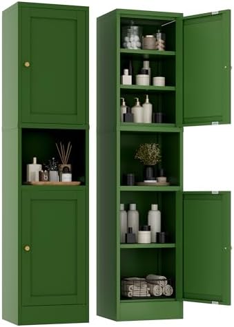YAUWOH 2-Door Metal Storage Cabinet, Tall Slim Pantry Organizer with 3 Adjustable Shelves (120LBS/Shelf), Anti-Tipping Waterproof Cabinet for Bathroom/Kitchen/Home Office/Small Spaces,(1PC,Green) by YAUWOHFactoryOutletsColorfulMetalFurniture