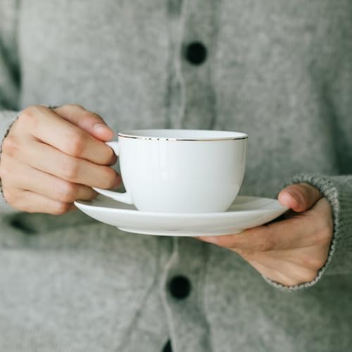 BTaT- Cappuccino Cups with Saucers 6 oz, Set of 6, White Porcelain Coffee Cup and Saucer Set for Latte with Golden Trim Design, Dishwasher Safe, Mocha, Tea, Au Lait, Flat White - Image 6
