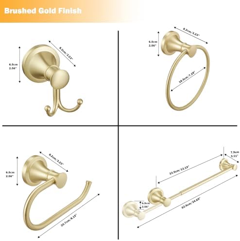 Hoimpro Brushed Gold 4-Piece Bathroom Bath Set, Wall Mount Bathroom Hardware Fixture (Adjustable Towel Bar Rack, Towel Ring Holder, Paper Towel Holder, Double Towel Hook), Bathroom Accessories - Image 7