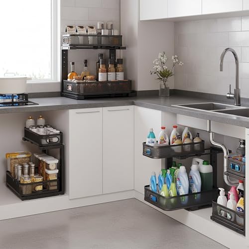 2 Pack Under Sink Organizer, Dual-Layer Pull Out Mesh Cabinet Rack with 5-Level Height Adjustment, Rust-Resistant Sliding Storage for Bathroom & Kitchen, Multi-Purpose 2-Tier Shelf(Black) - Image 6