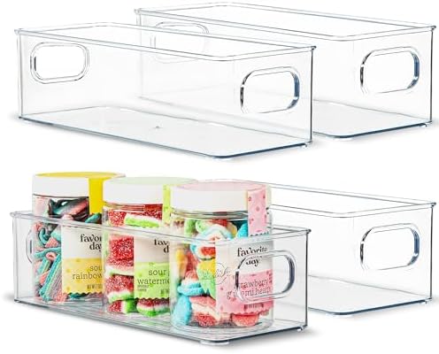 Plastic Food Storage 4 Pack Clear Container Bin with Handles for Organizing Kitchen, Pantry, Fridge, Freezer, Pantry,Bathroom. 10"x4"3" by primebox