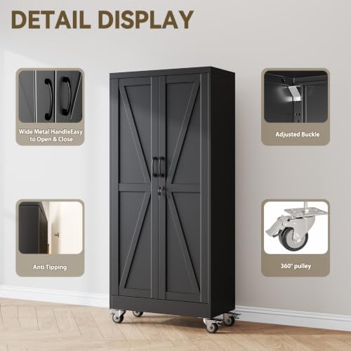 Metal Storage Cabinets with Wheels, Steel Tool Cabinets Lock Door and 3 Adjustable Shelves for Home Office, Garage, Kitchen (Black, 61" H) - Image 3