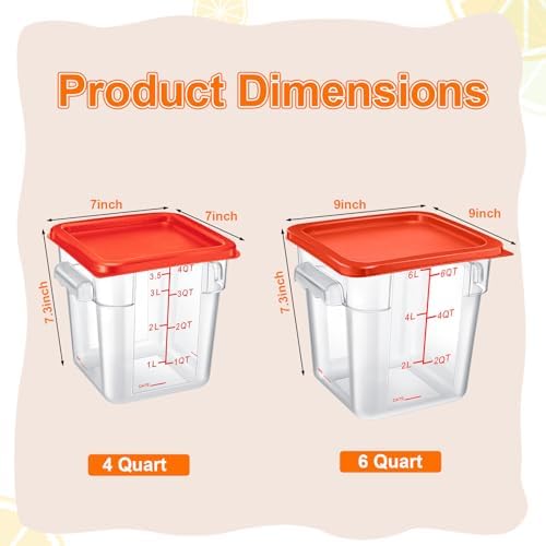 Suclain 8 Pack 4 QT and 6 QT Food Storage Containers with Lids Scales Handles Square Clear Restaurant Food Storage Containers Polycarbonate Commercial Grade for Kitchen Marinating Meat Dough(Red) - Image 2