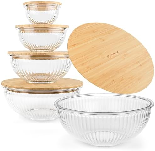 Stackable Glass Mixing Bowls with Bamboo Lids Set of 5 by Dokaworld