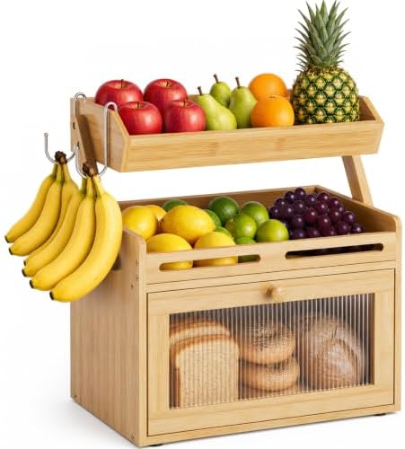 Bread Box for Kitchen Countertop, Bamboo Bread Storage with Fruit Basket by Unknown