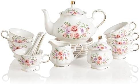 Sweejar Porcelain Tea Set Vintage Floral, British Relief Gold Rim Teapot Cup and Saucer Sets, 22-Piece Tea Sets for Adults, with Teapot, Sugar Bowl, Milk Jug, Spoons, Cup and Saucer (Rose Flower) by Sweejarco1949