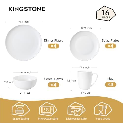 KINGSTONE Bone China Dinnerware Set for 4, 16-Piece Plates Bowls and Cups - Image 2