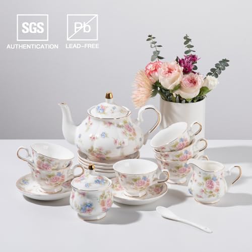 Sweejar Porcelain Tea Set Vintage Floral, British Relief Gold Rim Teapot Cup and Saucer Sets, 22-Piece Tea Sets for Adults, with Teapot, Sugar Bowl, Milk Jug, Spoons, Cup and Saucer (Small Flower) - Image 3