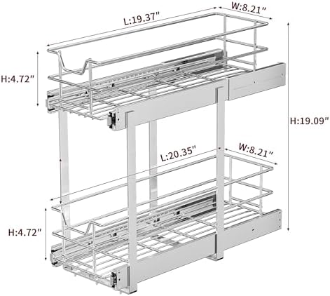 EZKAZA Pull Out Cabinet Organizer for Kitchen Utensil 9.5" W x 21" D, 2-Tier Cabinet Pullout Shelves and Drawer Organizer Slide Out Pantry Storage Basket, Bottom Basket 8.2" W x 20.4" D x 4.7" H - Image 6