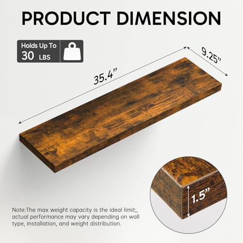 BAYKA Rustic Brown Floating Shelves 35.4in, Set of 3, Wall Mount Wood Shelf - Image 3