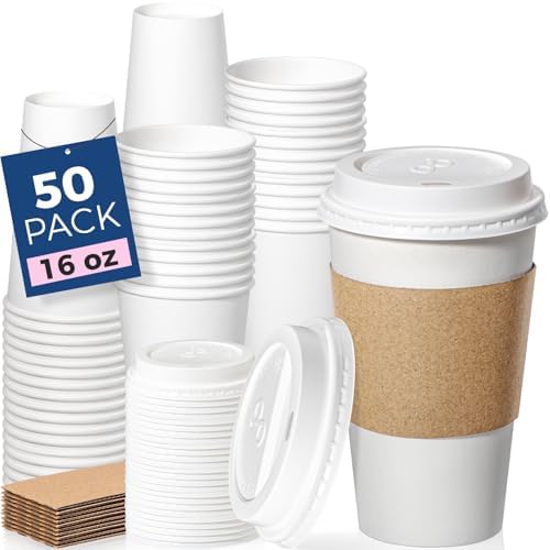 Fit Meal Prep 50 Pack 16 oz Disposable Coffee Cups with Lids, Sleeves, Leak-Proof To Go Coffee Cups with Lids, Durable Hot Paper Cups for Home, Office, Party, Business by FMPBRANDS