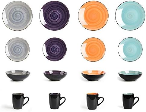HomeVss, Stoneware Sonoma 16pc Dinnerware Set, Black + Speckled Spin Wash Mix Colors Grey, Orange, Purple, Turquoise - Image 4
