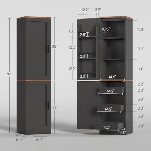 Itaar Narrow Kitchen Pantry Cabinet with 3 Door Shelves & 3 Drawer, Black - Image 2