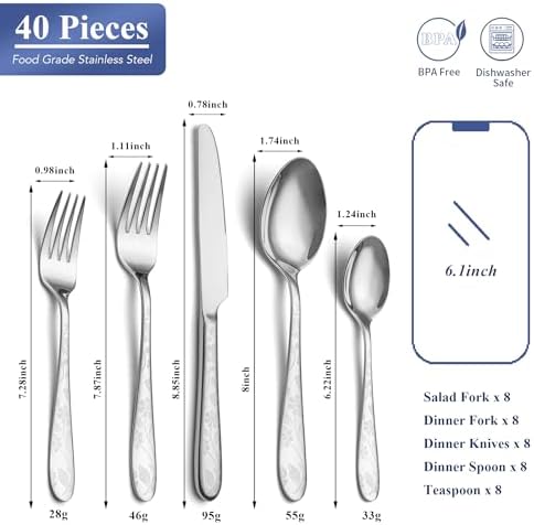 40 Piece Silverware Set Service for 8, EIUBUIE Premium Stainless Steel Cutlery Set, Mirror Polished Flatware Sets with Pattern Handle, Modern Kitchen Eating Utensils Sets Include Spoons Forks Knives - Image 2
