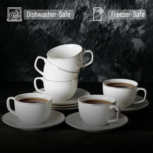 BTaT- Cappuccino Cups with Saucers 6 oz, Set of 6, White Porcelain Coffee Cup and Saucer Set for Latte with Golden Trim Design, Dishwasher Safe, Mocha, Tea, Au Lait, Flat White - Image 3