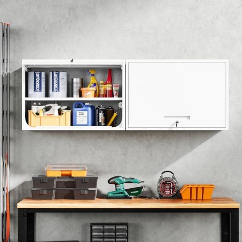 Yizosh Metal Wall Cabinet with Doors and Shelves, Floating Storage Unit for Garage or Basement (White, 21.6" H) - Image 2