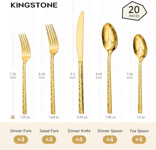 20 Piece Gold Silverware Set, 18/10 Stainless Steel Hammered Flatware for 4 - Image 7