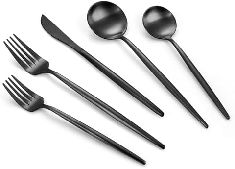 VANVRO Matte Black Silverware Set, 20-Piece Stainless Steel Flatware Set, Tableware Cutlery Set Service for 4, Satin Finish Utensils Set, Knife Fork Spoon Set for Home and Restaurant, Dishwasher Safe by VANVRO
