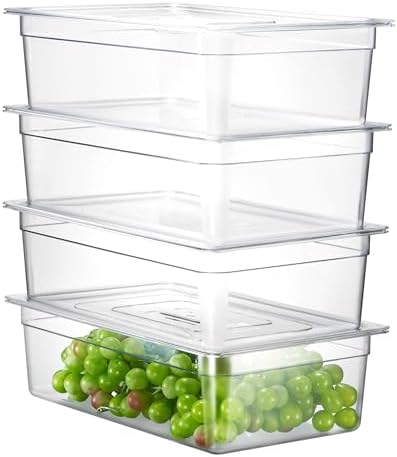 CURTA 4-Pack Full Size 6" Deep NSF Polycarbonate Food Pans with Handled Lids & Drain Trays | Dishwasher & Freezer Safe Clear Container for Prep Tables, Buffet, Salad Bar, Commercial & Home Kitchen by CURTA