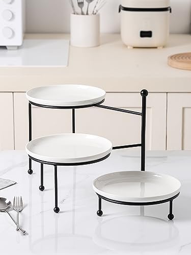 Kanwone 3 Tiered Serving Stand with White Porcelain Plates, Tiered Tray Stand, Dessert Table Display Set, 8" x 8" Tier Serving Trays with Black Metal Stand for Entertaining, 3 Tier Dessert Stand - Image 4