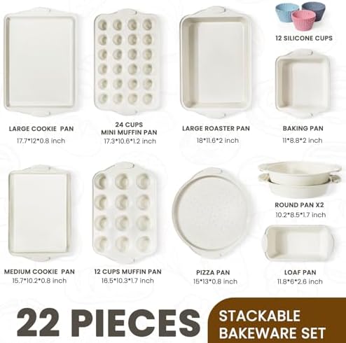 Kikcoin 22 PCS Nonstick Baking Pans Set, Stackable Bakeware Sets with Silicone Handles, 450°F Oven Safe Baking Sheet Set, Easy Release Cookie Sheets for Baking, Cream - Image 2