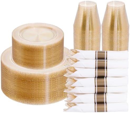 DaYammi 210PCS Gold Glitter Plastic Dinnerware Set for 30 Guests by DaYammiwillaccompanyyou