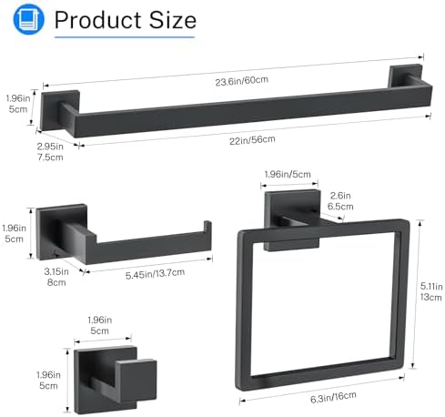 5 Pieces Towel Bar Set Matte Black Bathroom Hardware Accessories Set Stainless Steel Wall Mounted,23.6 Inch Towel Bar - Image 6