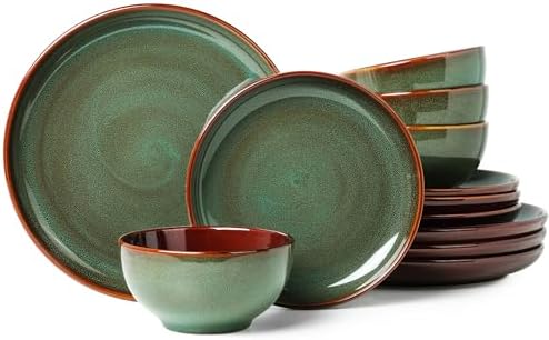 Pokini Ceramic Dinnerware Sets for 4, 12pcs Plates and Bowls Sets Dish Set by Pokini