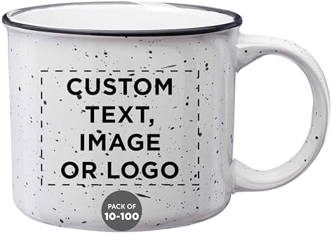 DISCOUNT PROMOS Custom Ceramic Campfire Coffee Mugs 13 oz. Set of 10/50/100, Personalized Bulk Pack - Perfect for Tea, Espresso, Cappuccino, Hot Cocoa - White by DISCOUNTPROMOS