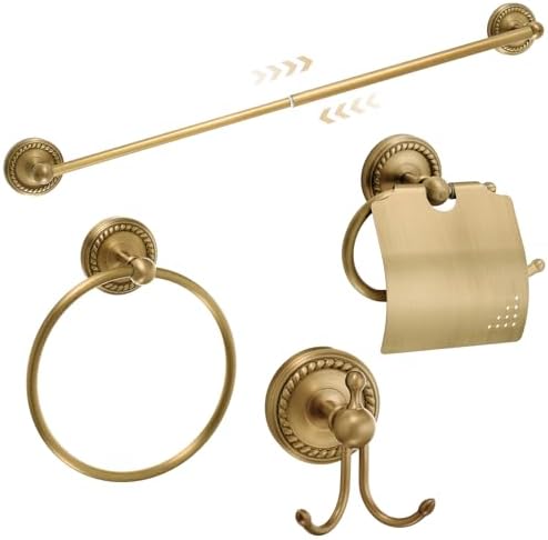 4 Pcs Antique Brass Gold Bathroom Accessories Set Wall-mounted Adjustable Towel Rack & Round Towel Ring & Covered Toilet Paper Holder & Robe Hook Wall Mounted Brass Vintage Bath Hardware Set by Otoolling