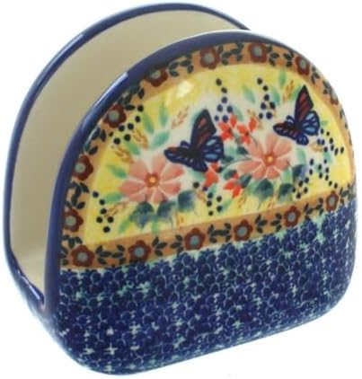 Blue Rose Polish Pottery - Yellow Blue Butterfly Napkin Holder - 5" x 5" - Ceramic Napkin Holders, Decorative Dining Table Accessories by BlueRosePottery