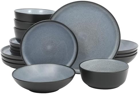 Gibson Elite Tribeca Loft 16-Piece Dinnerware Set – Matte Black and Blue Reactive Glaze Stoneware, Double Bowl Round Plates and Bowls – Modern Rustic Dinnerware for 4, Dishwasher & Microwave Safe by GibsonHomewares