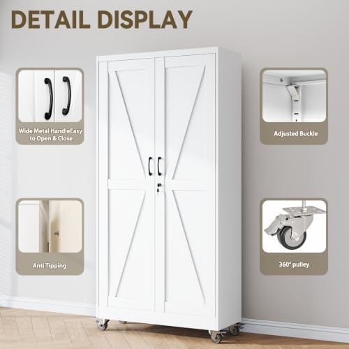 Metal Storage Cabinets with Wheels, Steel Tool Cabinets Lock Door and 5 Adjustable Shelves for Home Office, Garage, Kitchen (White, 73.6" H) - Image 3