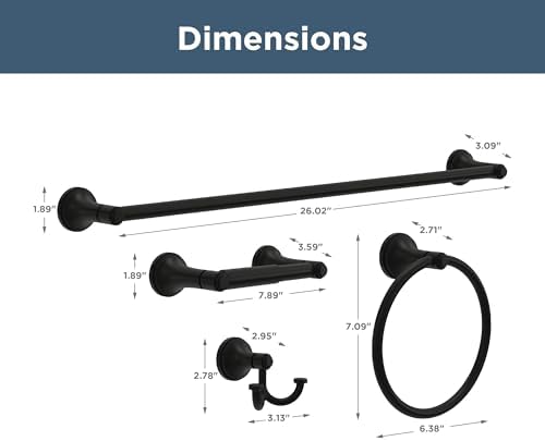 Franklin Brass Woodruff 4-Piece Bathroom Set Matte Black 18" + 6" Towel Rack, Toilet Paper Holder, Hand Towel Holder, Hook | 4-Piece Bath Hardware Accessories Set WDRF64-MB - Image 3