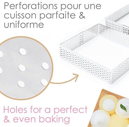 ScrapCooking - 4 Perforated Square Tart Circles - Individual Pie Frames 8 x 8 cm - Stainless Steel Baking Frame Moulds - Uniform Baking - Pastry Accessories for Cake Dessert - 1324 - Image 5