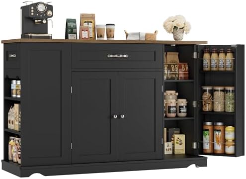 HOSTACK 47" W Kitchen Island Cart with Storage, Rolling Island Table, Black by HOSTACK