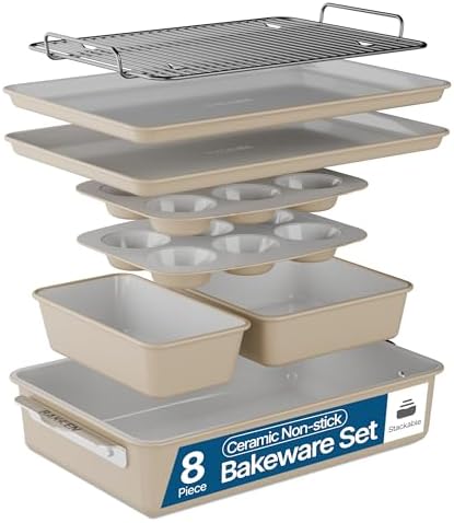 Bakken 8-Piece Stackable Bakeware Set – Ceramic Non-Stick, Oven-Safe Baking Sheets & Pans, PTFE/PFOA/PFOS-Free, Ergonomic Handles, Includes Cooling Rack – Healthy, Non-Toxic Baking Essentials, Cream by Bakken-Swiss