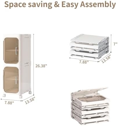 2 Tier Slim Bathroom Storage Cabinet, Foldable and Movable, Beige - Image 2