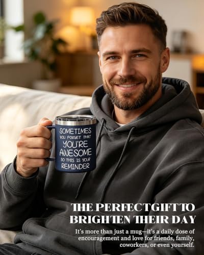 Inspirational Coffee Mug for Men, 12oz Insulated Stainless Steel Mug with Handle & 2 Lids – Sometimes You Forget You’re Awesome, Birthday & Appreciation Gift for Dad, Husband, Him, Navy Blue - Image 6