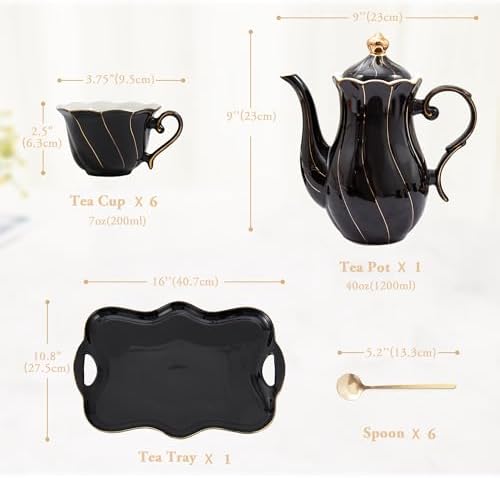 DUJUST 14 pcs Tea Set of 6 with Tea Tray & Spoons, Modern Diamond Design Tea/Coffee Cup Set with Golden Trim, Chic Porcelain Living Room Decor, Fine-china Teapot/Tea Party Set, Gift Package - Black - Image 5
